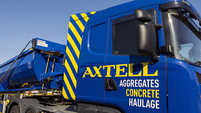 Side of Axtell concrete delivery truck in South England