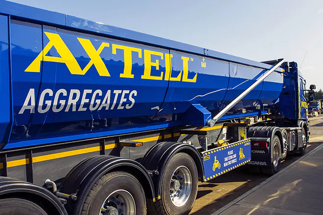 Side of Axtell aggregate delivery truck in South England